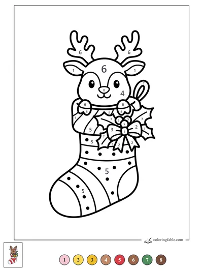 Smiling Reindeer Peeking from a Christmas Stocking — color by number