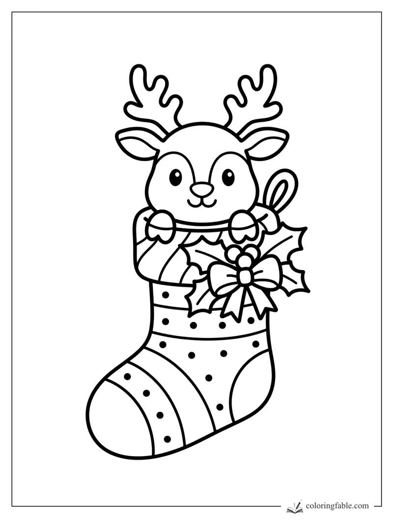 Cute reindeer peeking from a striped Christmas stocking with holly, bow, and candy cane.