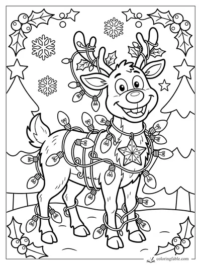 Cartoon reindeer wrapped in Christmas lights with holly, snowflakes, stars, and pine trees.