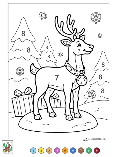 Smiling Reindeer with Bell and Gifts — color by number