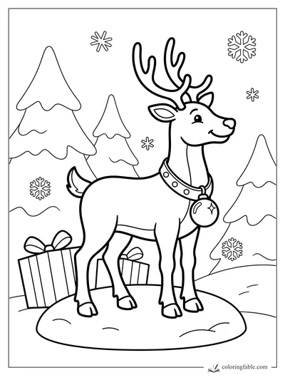 Easy reindeer coloring page with antlers, collar bell, gifts, pine trees, and snowflakes