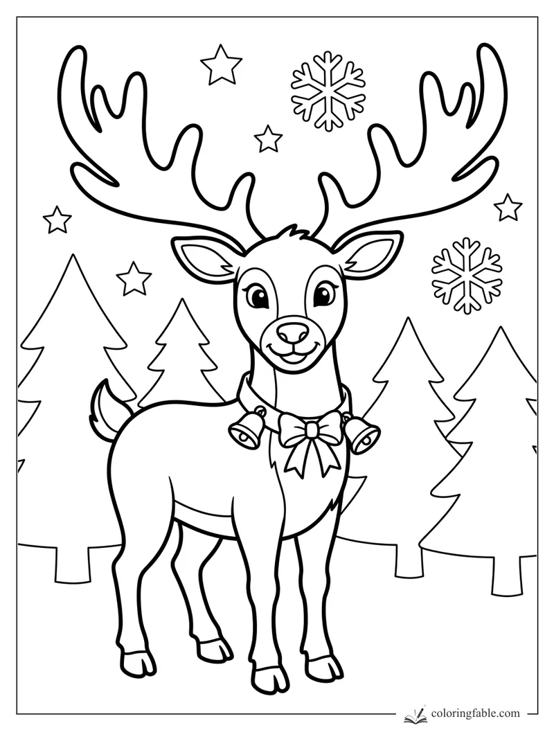 Smiling reindeer with huge antlers, bow, bells, pine trees, stars, and snowflakes coloring page
