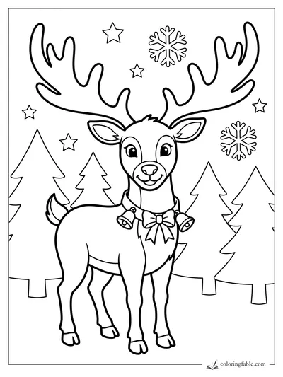 Smiling reindeer with huge antlers, bow, bells, pine trees, stars, and snowflakes coloring page
