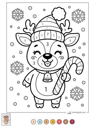 Smiling Reindeer with Candy Cane and Pom-Pom Hat — color by number