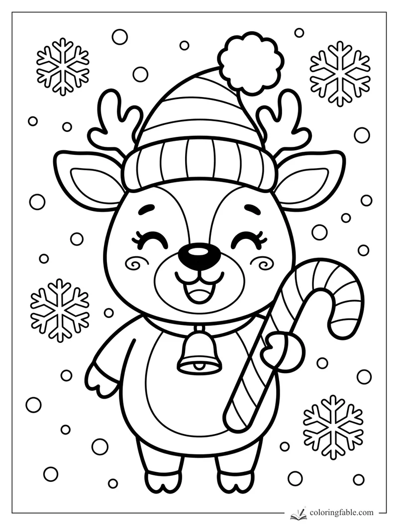 Kawaii reindeer in a striped winter hat holding a candy cane, with snowflakes and falling snow.