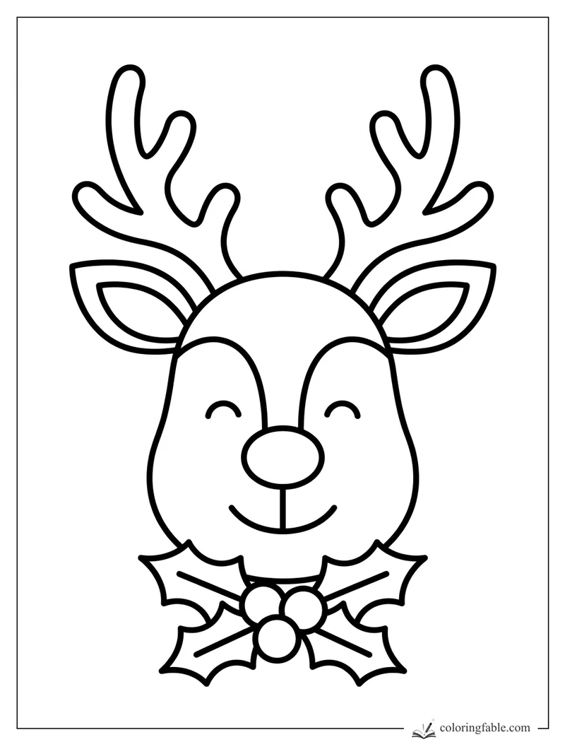 Minimalist reindeer face with tall antlers, closed eyes, big nose, and holly leaves under its chin