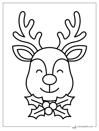 Minimalist reindeer face with tall antlers, closed eyes, big nose, and holly leaves under its chin
