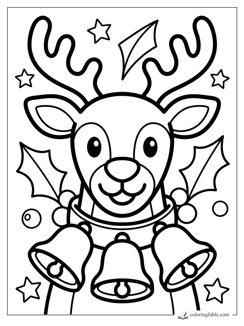 Easy reindeer coloring page with big antlers, holly leaves, stars, and three jingle bells.