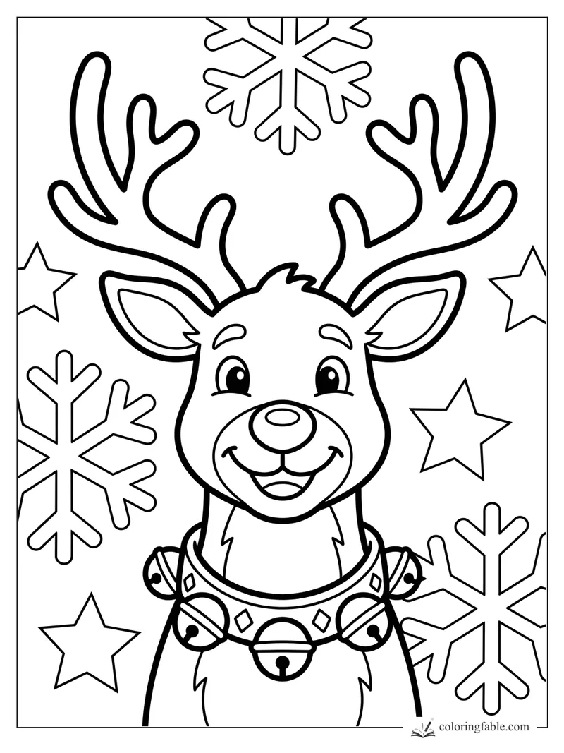 Cartoon reindeer smiling with big antlers, jingle bell collar, snowflakes, and stars