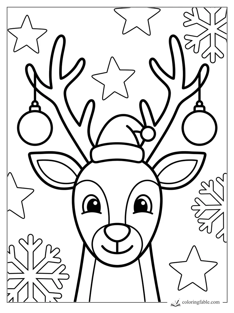Easy reindeer coloring page with Santa hat, ornament antlers, stars, and snowflakes