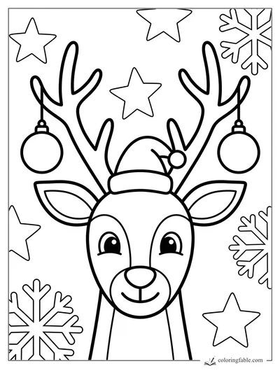 Easy reindeer coloring page with Santa hat, ornament antlers, stars, and snowflakes