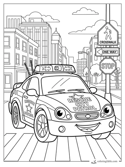 Cartoon rescue city patrol sports car smiling at a crosswalk with stop, one-way, and crosswalk signs