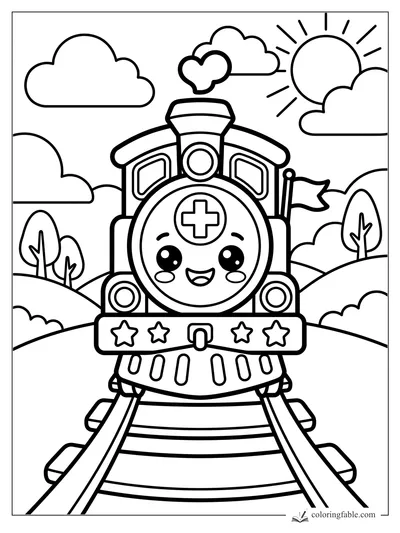 Kawaii rescue train with a medical cross, star bumper, flag, hills, clouds, and sun on railroad tracks.