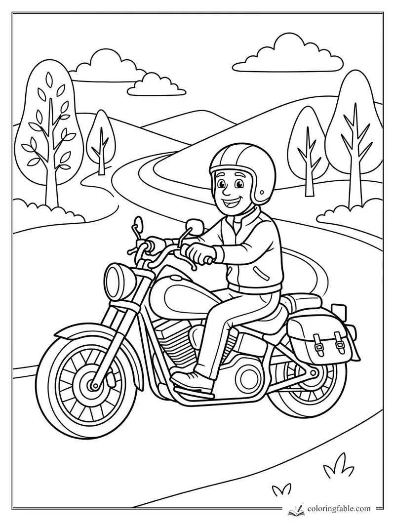 Cartoon rider on a motorcycle with helmet, saddlebags, trees, hills, clouds, and a winding road.