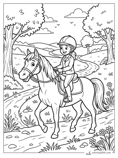 Cartoon girl riding a bridled horse on a winding path through trees, hills, flowers, and birds.