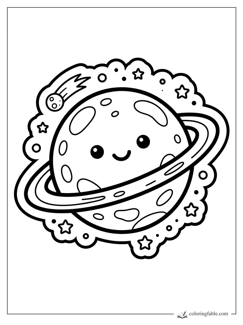 Smiling ringed planet sticker with craters, stars, dots, and a small comet
