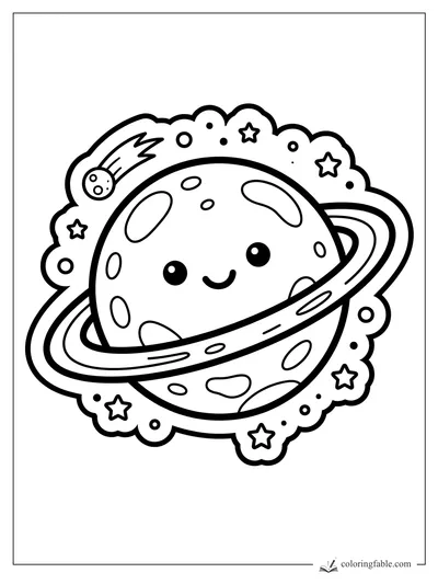 Smiling ringed planet sticker with craters, stars, dots, and a small comet