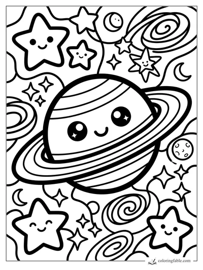 Kawaii ringed planet smiling among happy stars, moons, and spiral galaxies coloring page
