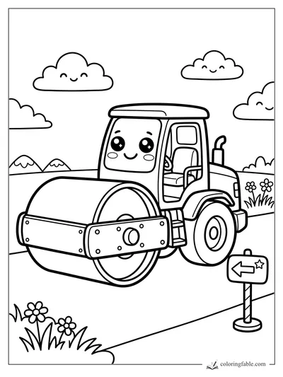 Kawaii road roller with smiling clouds, flowers, hills, and a left arrow sign
