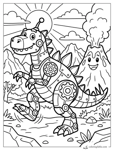 Cartoon robot dinosaur walking past a smiling erupting volcano, mountains, clouds, and bright sun rays.