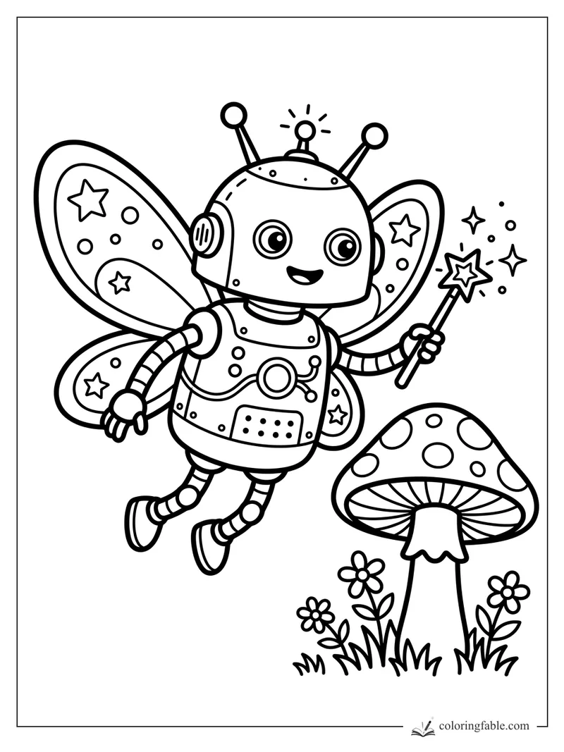 Easy robot fairy coloring page with butterfly wings, star wand, mushroom, flowers, and sparkles