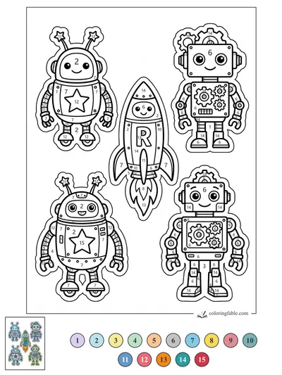 Smiling Robot Sticker Crew and Rocket — color by number