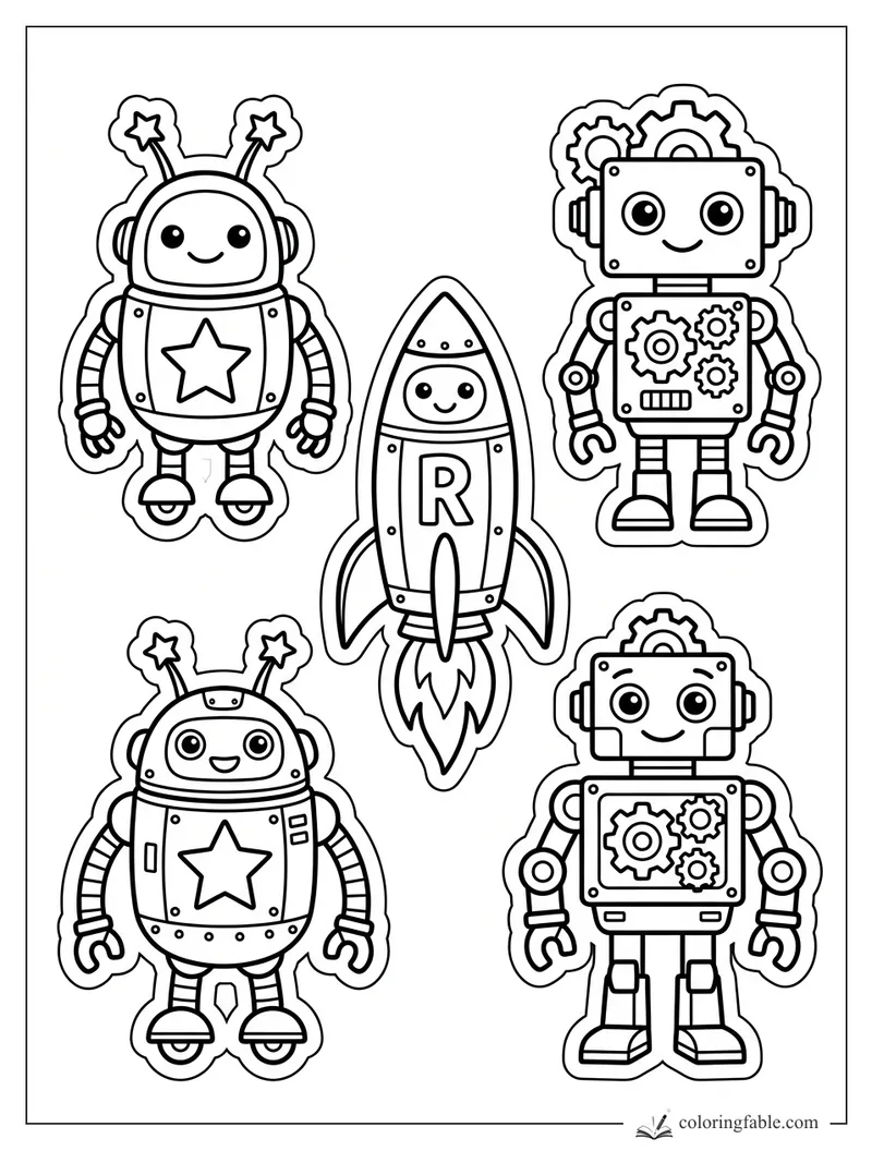 Robot sticker coloring page with two star robots, two gear robots, and a smiling rocket marked R