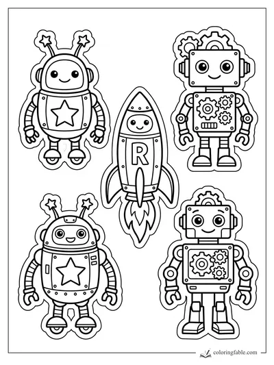 Robot sticker coloring page with two star robots, two gear robots, and a smiling rocket marked R