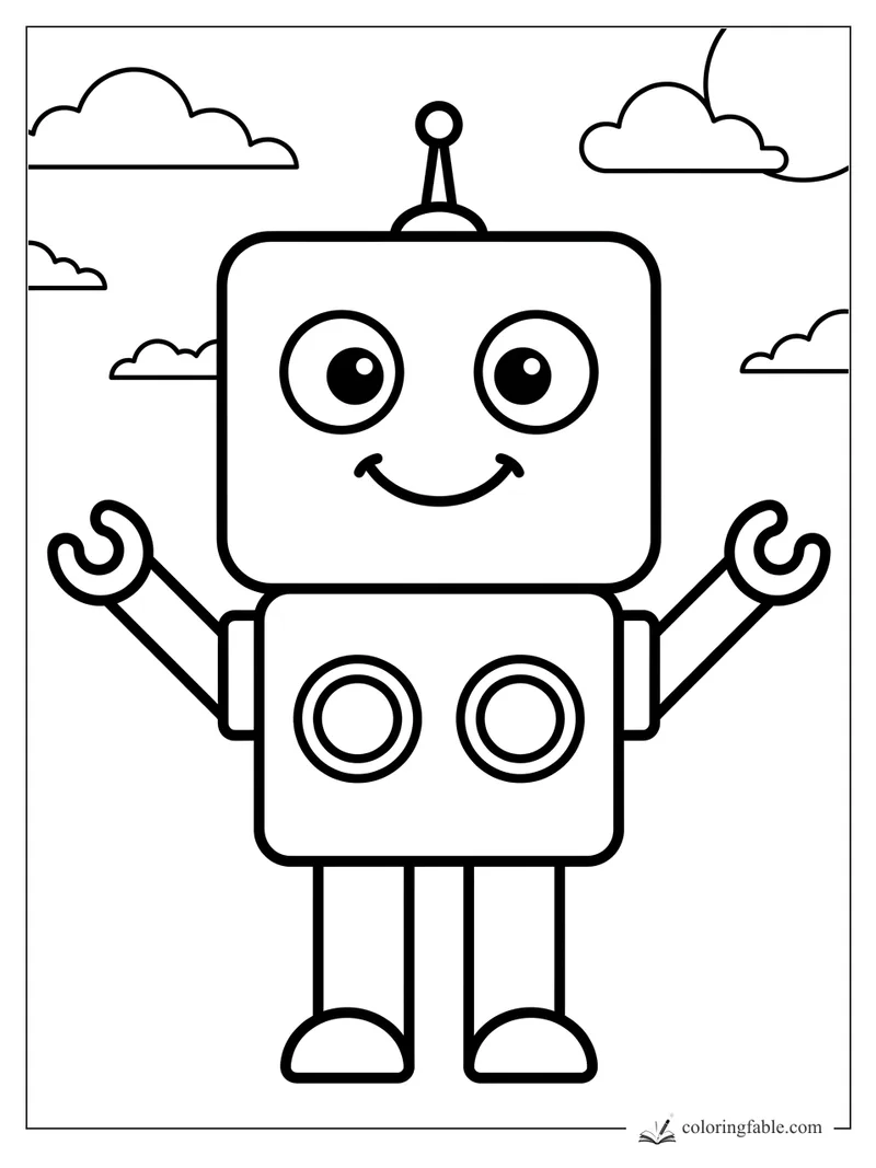 Bold easy robot coloring page with big eyes, antenna, claw hands, round buttons, and clouds