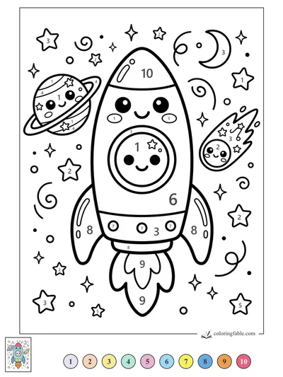 Smiling Rocket Among Stars and Planets — color by number