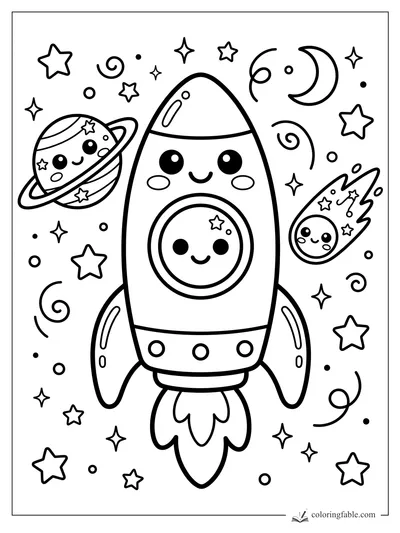 Kawaii rocket with smiling window, ringed planet, comet, crescent moon, stars, and swirls in space.