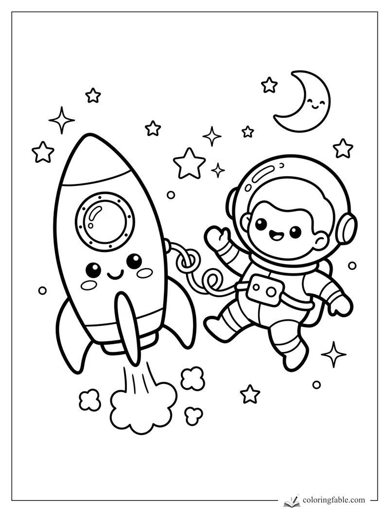 Kawaii rocket with round window, floating astronaut, stars, crescent moon, and puff clouds