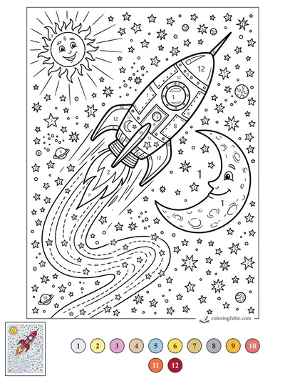 Smiling Rocket Between the Sun and Moon — color by number