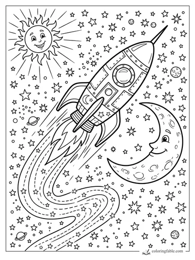 Cartoon rocket blasting past a smiling sun, crescent moon, planets, and many stars