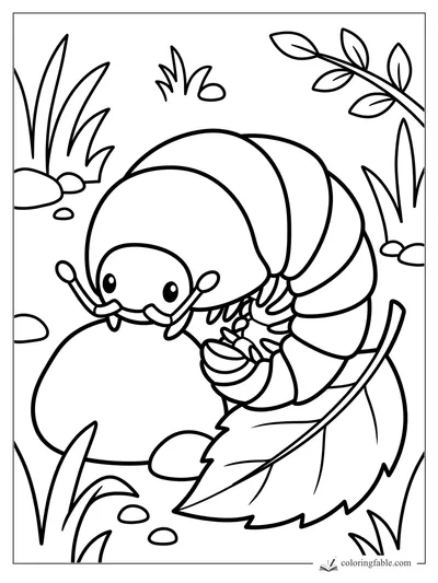 Cartoon roly-poly bug smiling on a leaf among grass, pebbles, and a leafy twig
