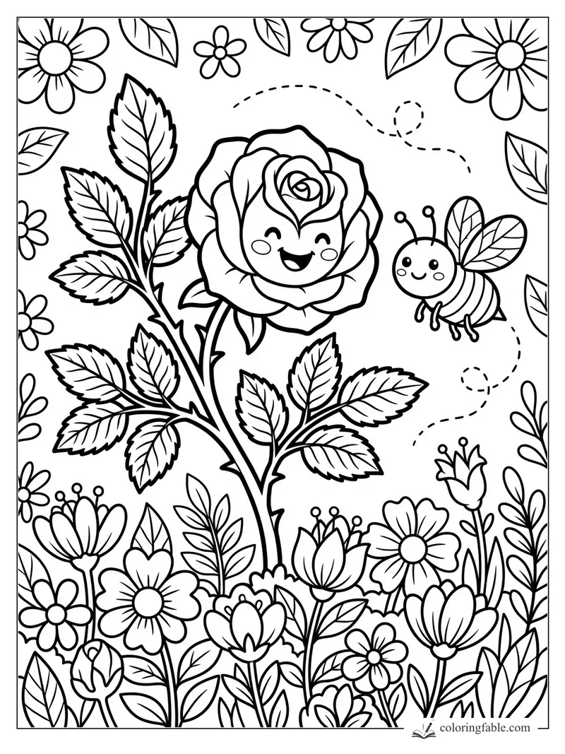 Cartoon smiling rose with leafy stem, garden flowers, and a happy bee flying on a dotted path.