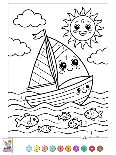 Smiling Sailboat with Fish and Sunny Waves — color by number