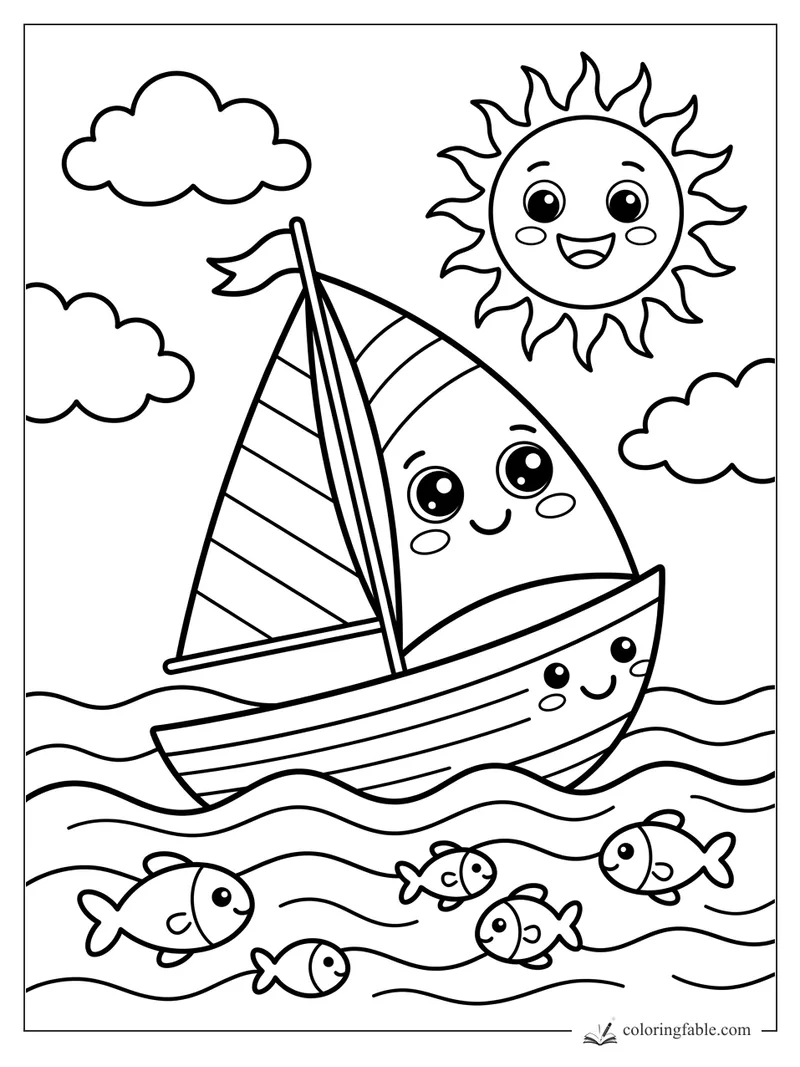 Kawaii sailboat with striped sails, smiling sun, clouds, waves, and five fish.