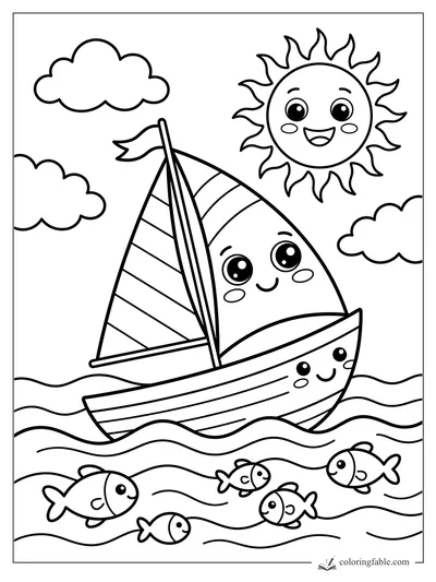Kawaii sailboat with striped sails, smiling sun, clouds, waves, and five fish.