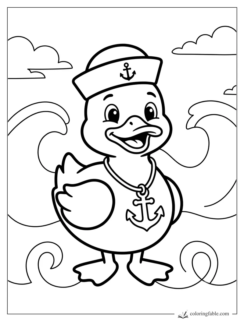 Smiling sailor duck wearing an anchor hat and necklace between curling ocean waves