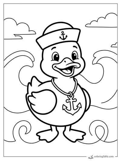Smiling sailor duck wearing an anchor hat and necklace between curling ocean waves