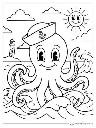 Retro sailor octopus with anchor hat, curling tentacles, lighthouse, waves, clouds, and smiling sun.