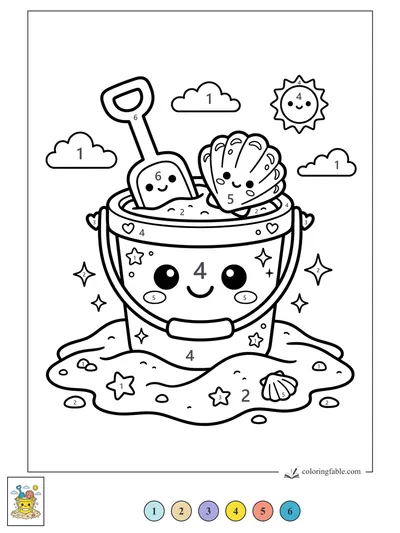 Smiling Sand Bucket with Shovel and Shell — color by number