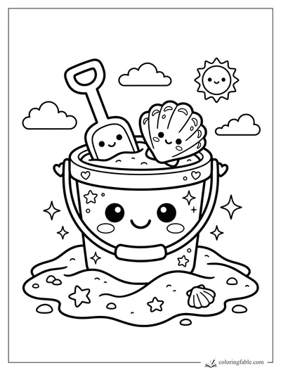 Kawaii sand bucket with a smiling shovel, seashell, sun, clouds, stars, and sandy beach.