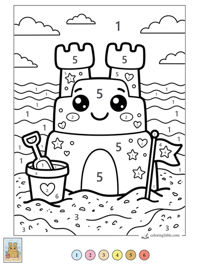 Smiling Sandcastle with Bucket and Flag — color by number