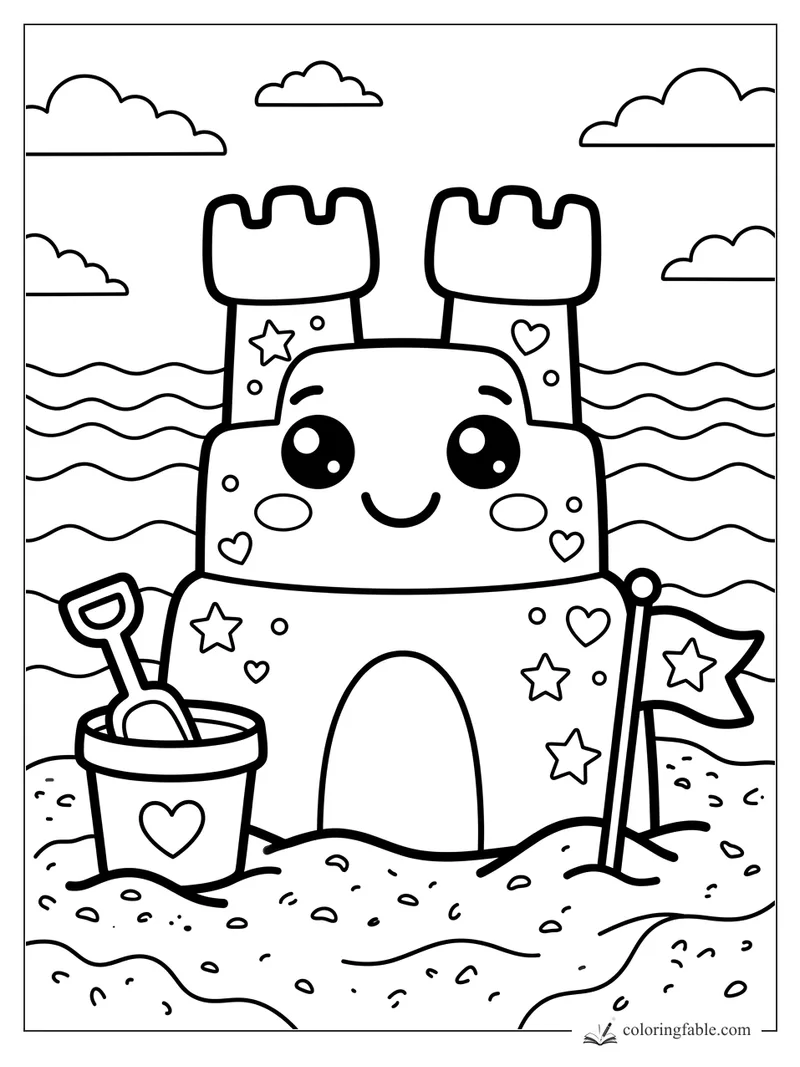 Kawaii sandcastle with smiling face, bucket, shovel, flag, waves, clouds, stars and hearts on the beach