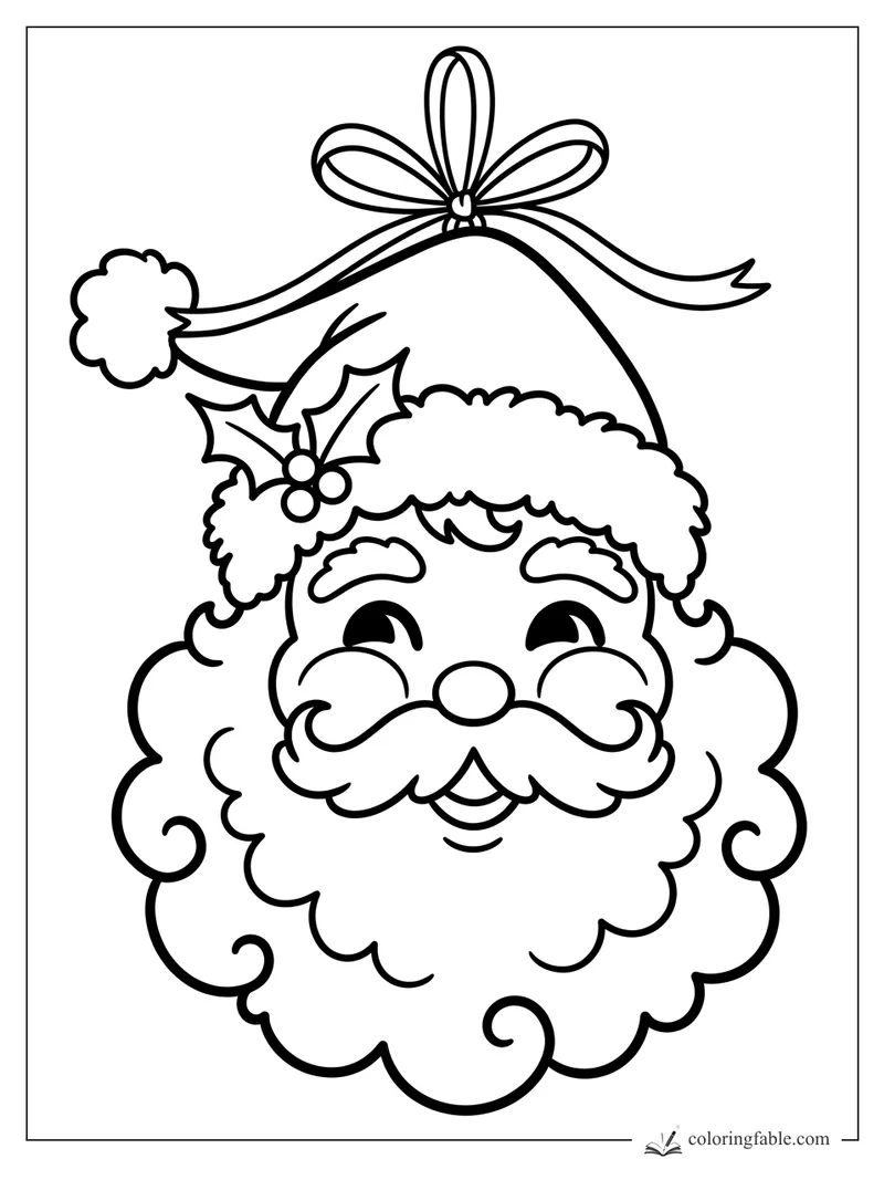 Vintage Santa face ornament with fluffy beard, holly, hat, ribbon bow, and hanging loop