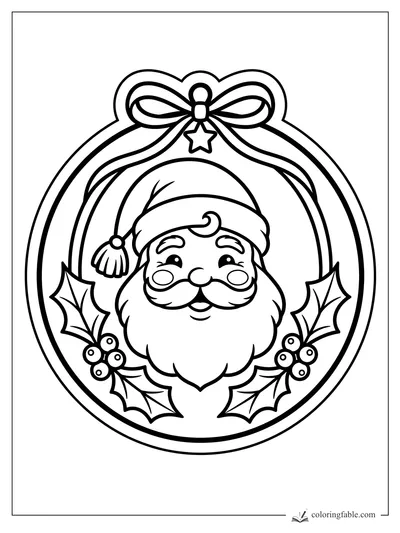 Smiling Santa face inside a round wreath sticker with bow, star charm, holly leaves, and berries.