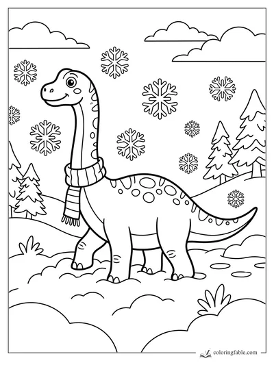 Smiling long-neck dinosaur with a scarf among snowflakes, pine trees, hills, and clouds
