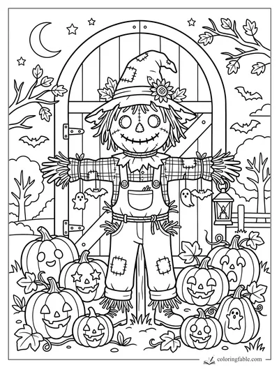 Cartoon scarecrow by an arched barn door with jack-o’-lanterns, bats, ghosts, moon, stars, and lantern.